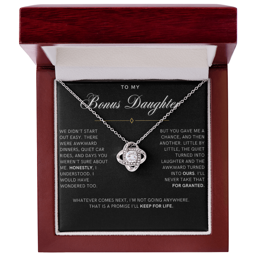 Bonus Daughter Love Knot Necklace, Not Going Anywhere Message Card