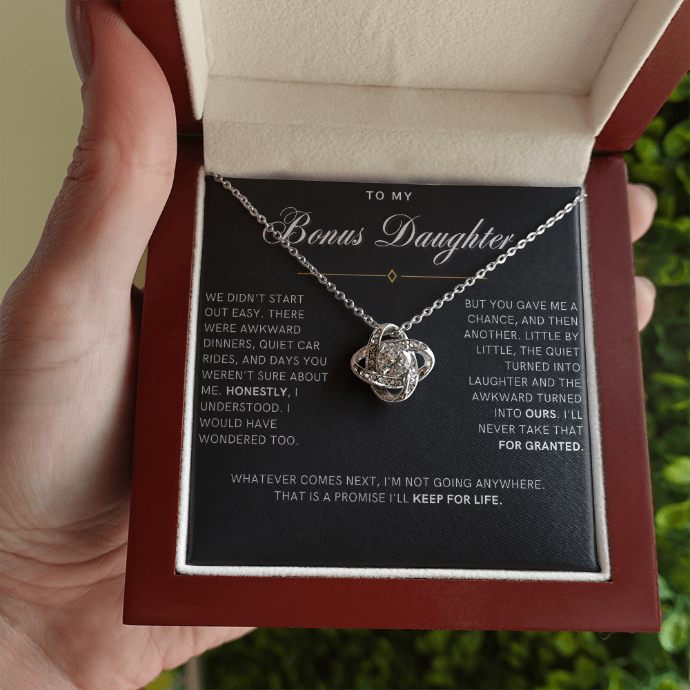 Bonus Daughter Love Knot Necklace, Not Going Anywhere Message Card