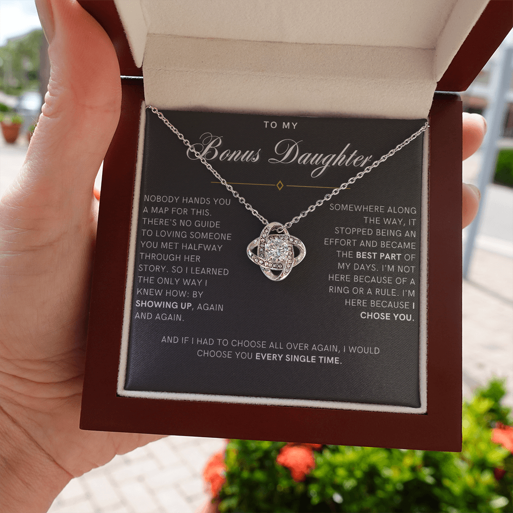 Bonus Daughter Love Knot Necklace, I Chose You Message Card