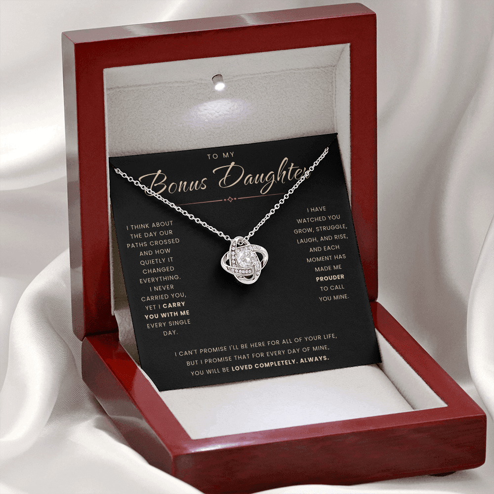 Love Knot Necklace for Bonus Daughter - Black & Rose Gold Card