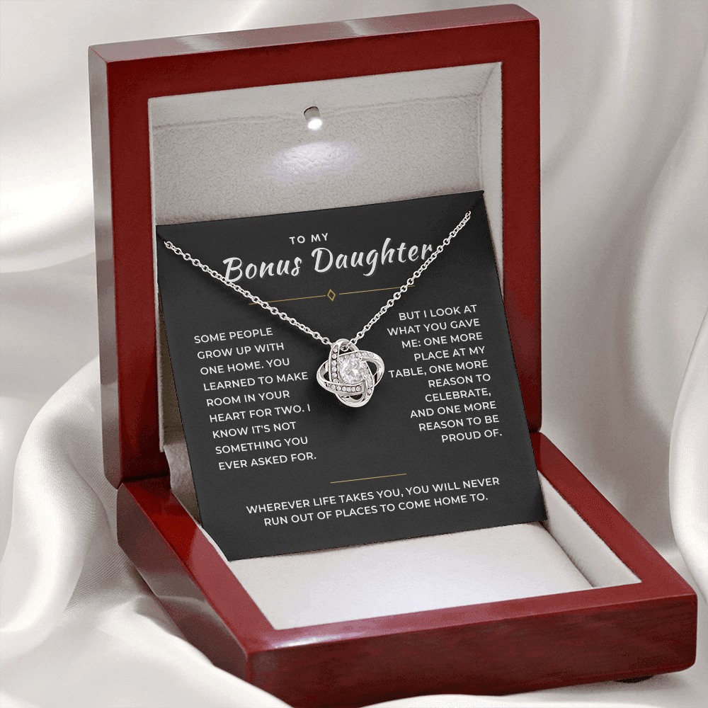 Bonus Daughter Love Knot Necklace, Two Homes Message Card
