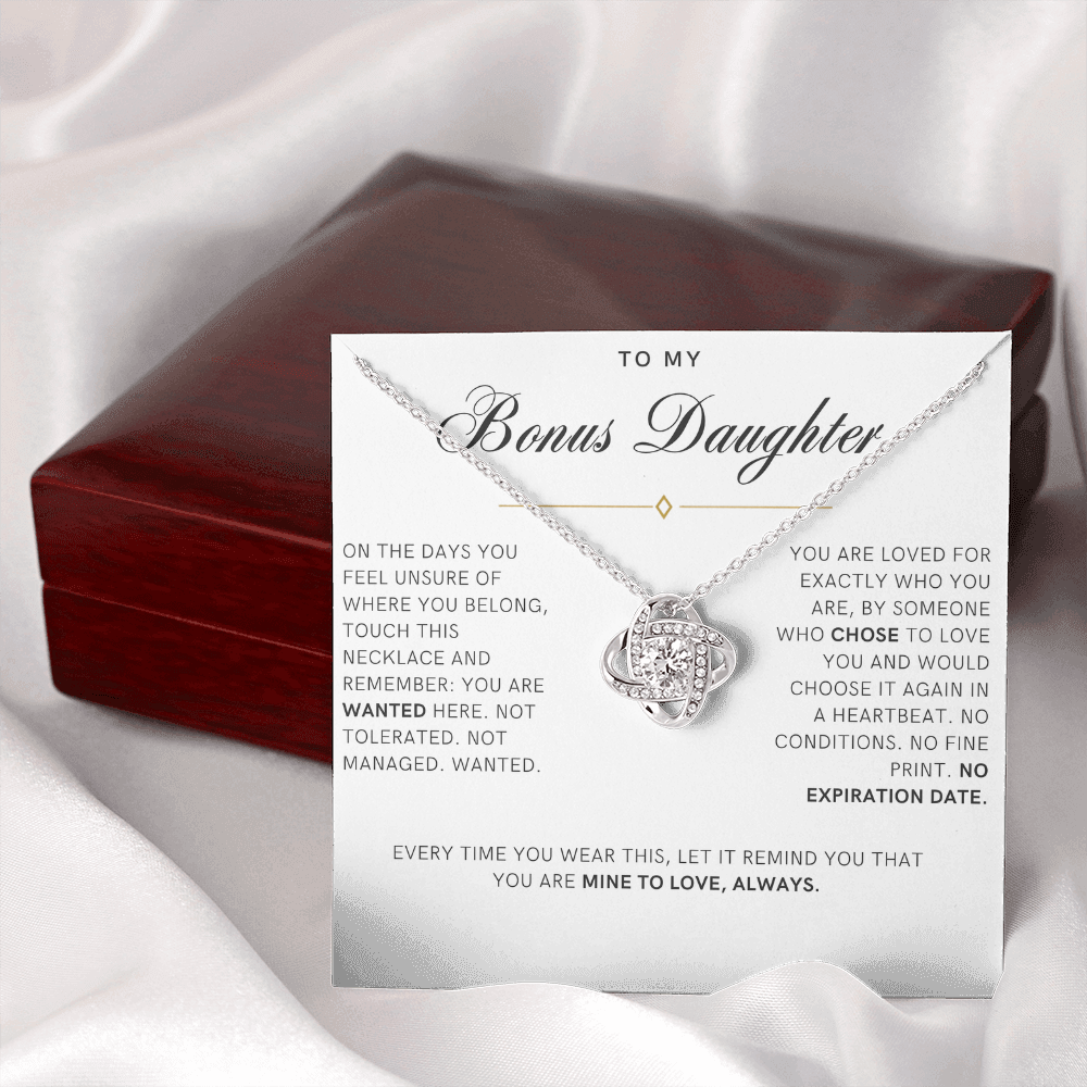 Bonus Daughter Love Knot Necklace, Wanted Message Card