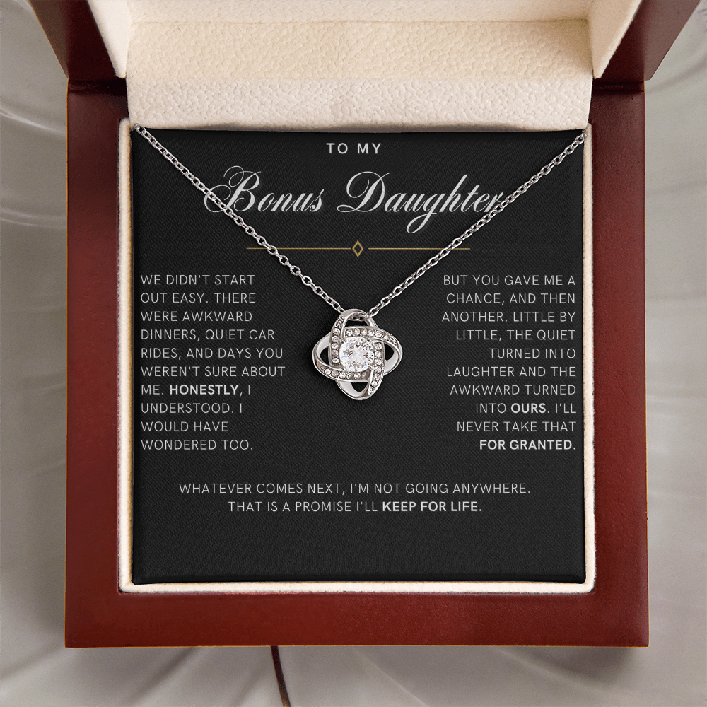 Bonus Daughter Love Knot Necklace, Not Going Anywhere Message Card