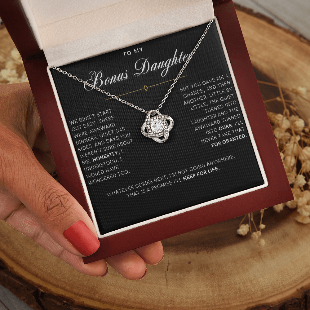 Bonus Daughter Love Knot Necklace, Not Going Anywhere Message Card