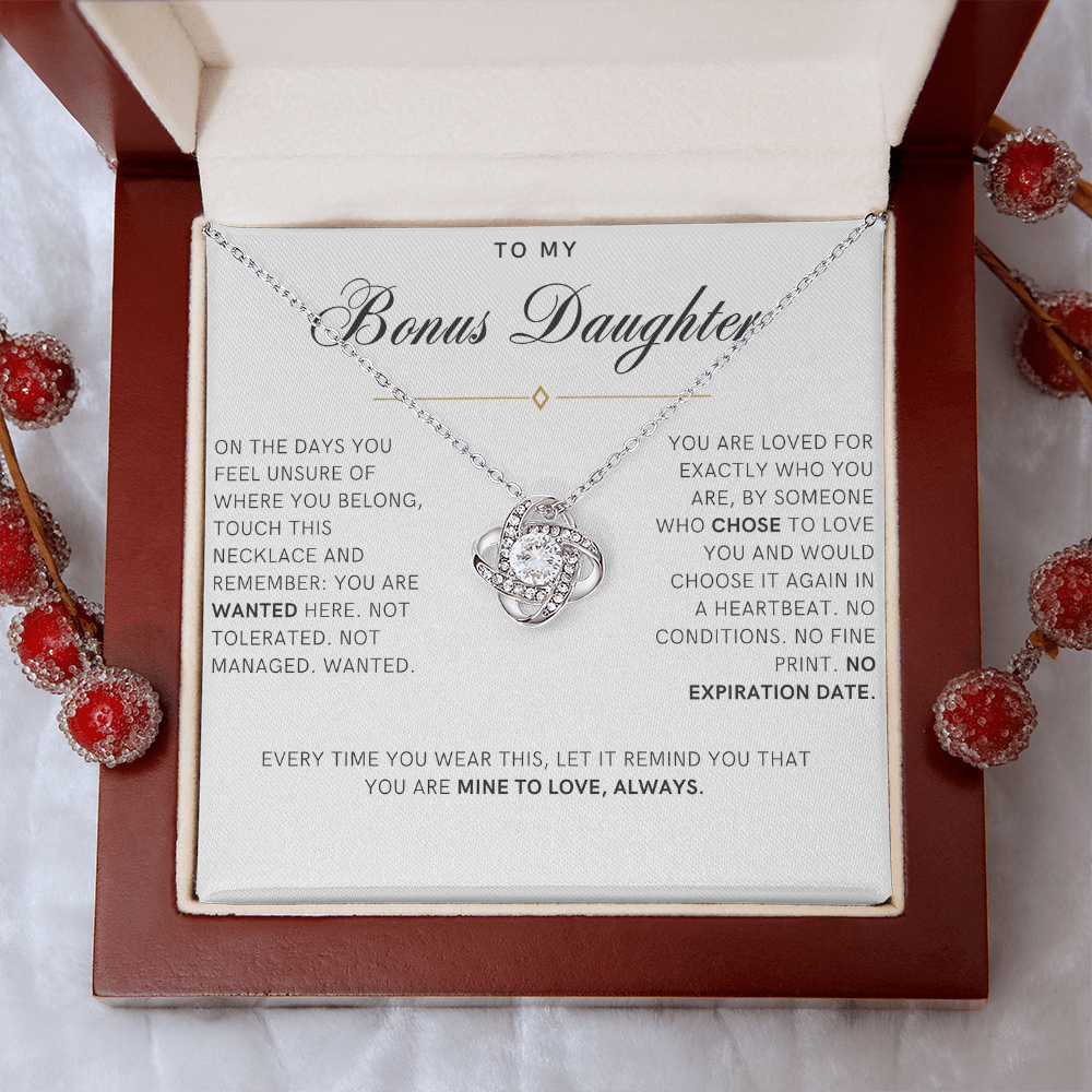 Bonus Daughter Love Knot Necklace, Wanted Message Card