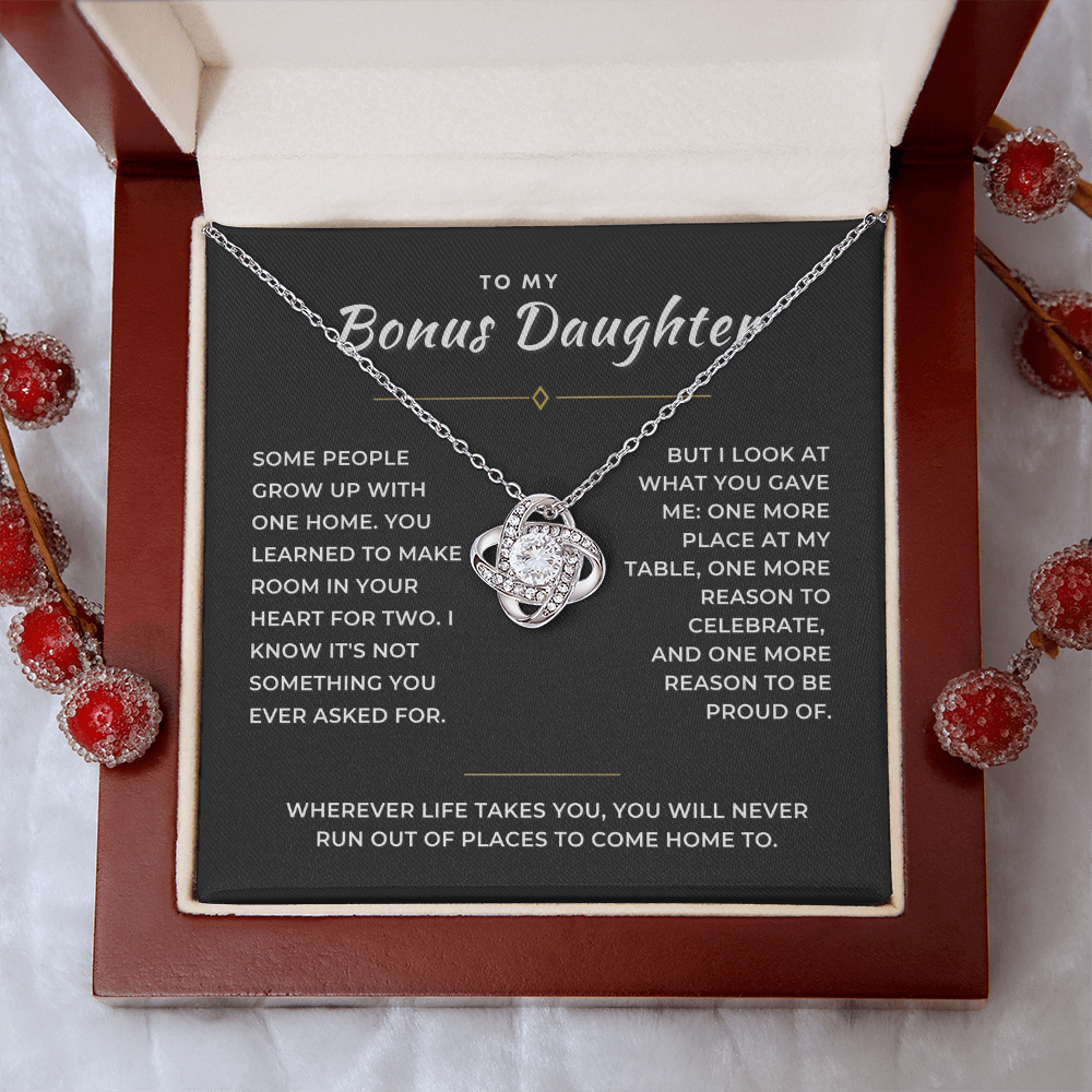 Bonus Daughter Love Knot Necklace, Two Homes Message Card