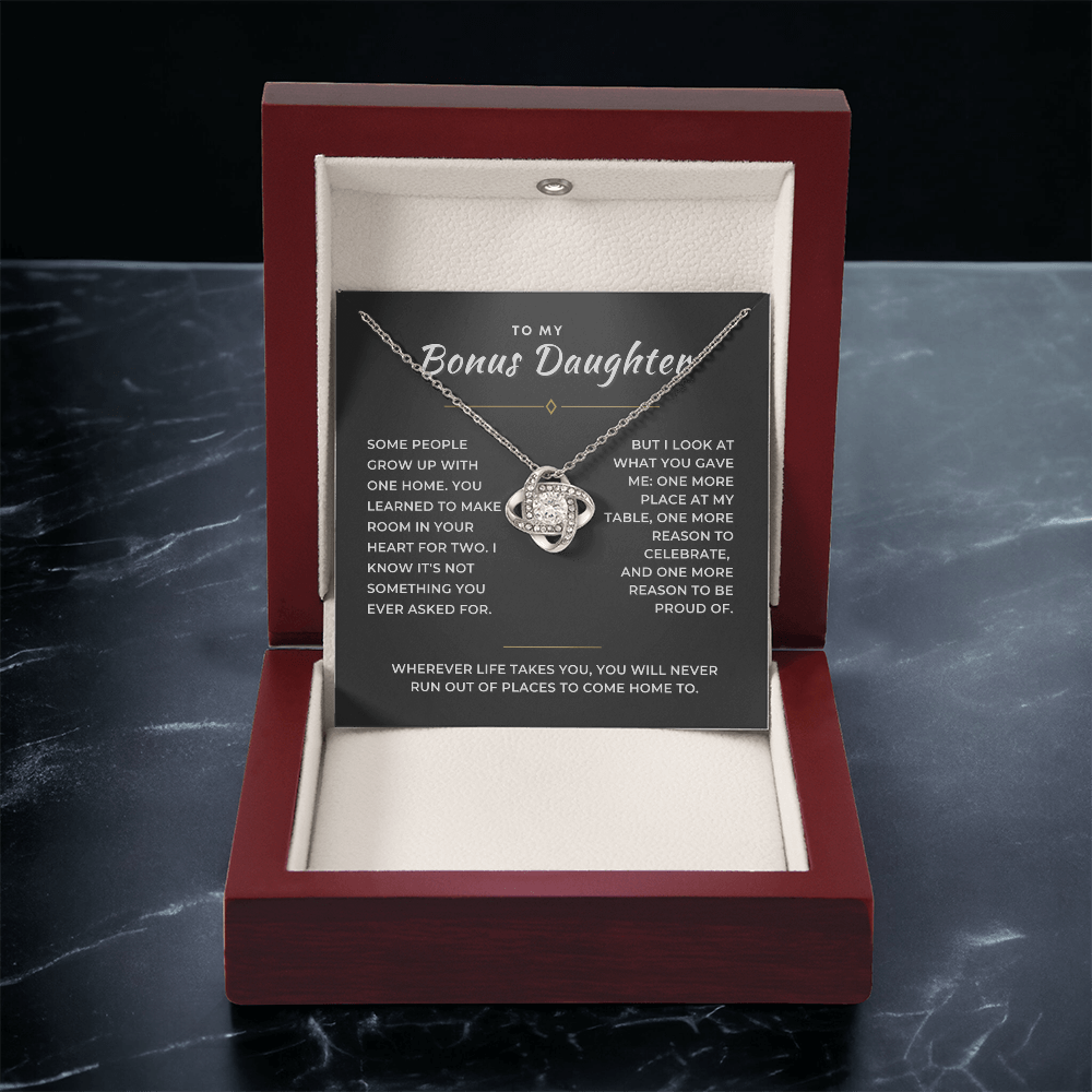 Bonus Daughter Love Knot Necklace, Two Homes Message Card