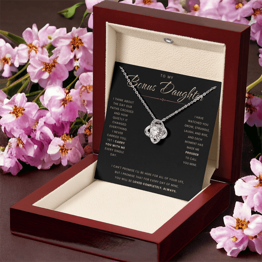 Love Knot Necklace for Bonus Daughter - Black & Rose Gold Card