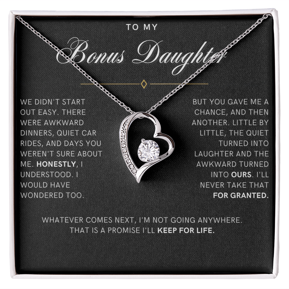 Bonus Daughter Forever Love Heart Necklace, Not Going Anywhere Message Card