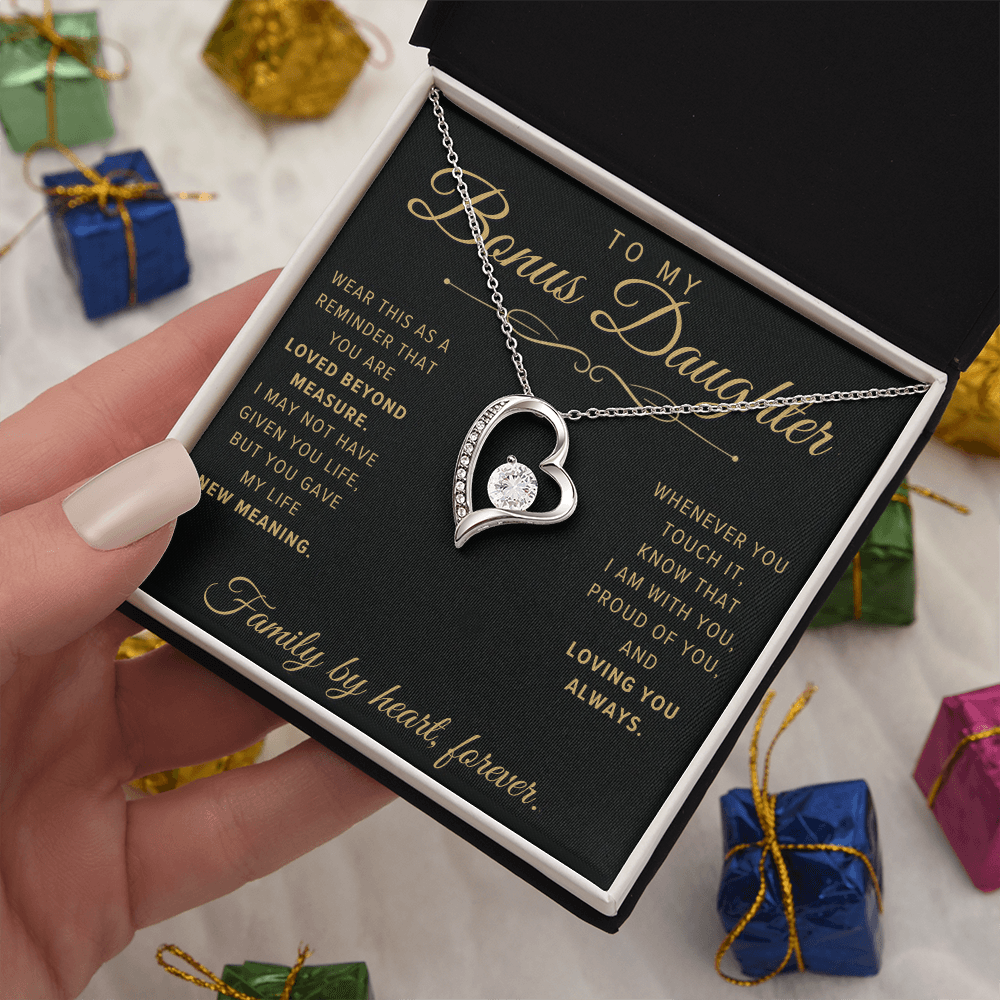 Forever Love Necklace for Bonus Daughter - Black & Champagne Keepsake Card