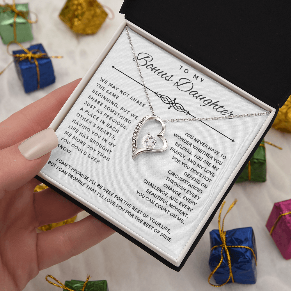 Forever Love Necklace for Bonus Daughter - White & Black Message Card