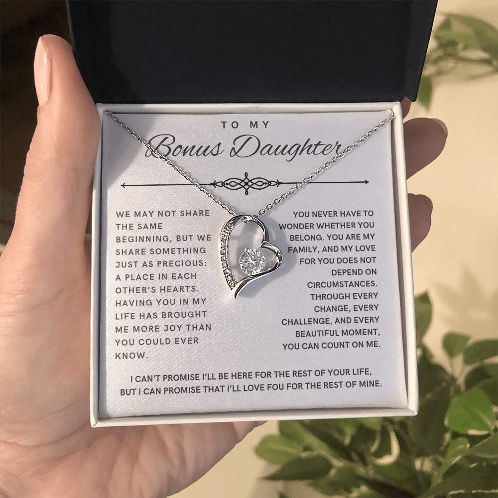 Forever Love Necklace for Bonus Daughter - White & Black Message Card