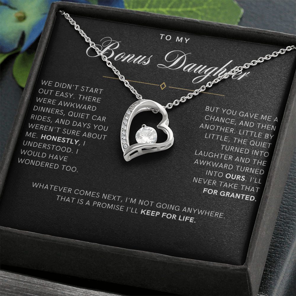 Bonus Daughter Forever Love Heart Necklace, Not Going Anywhere Message Card
