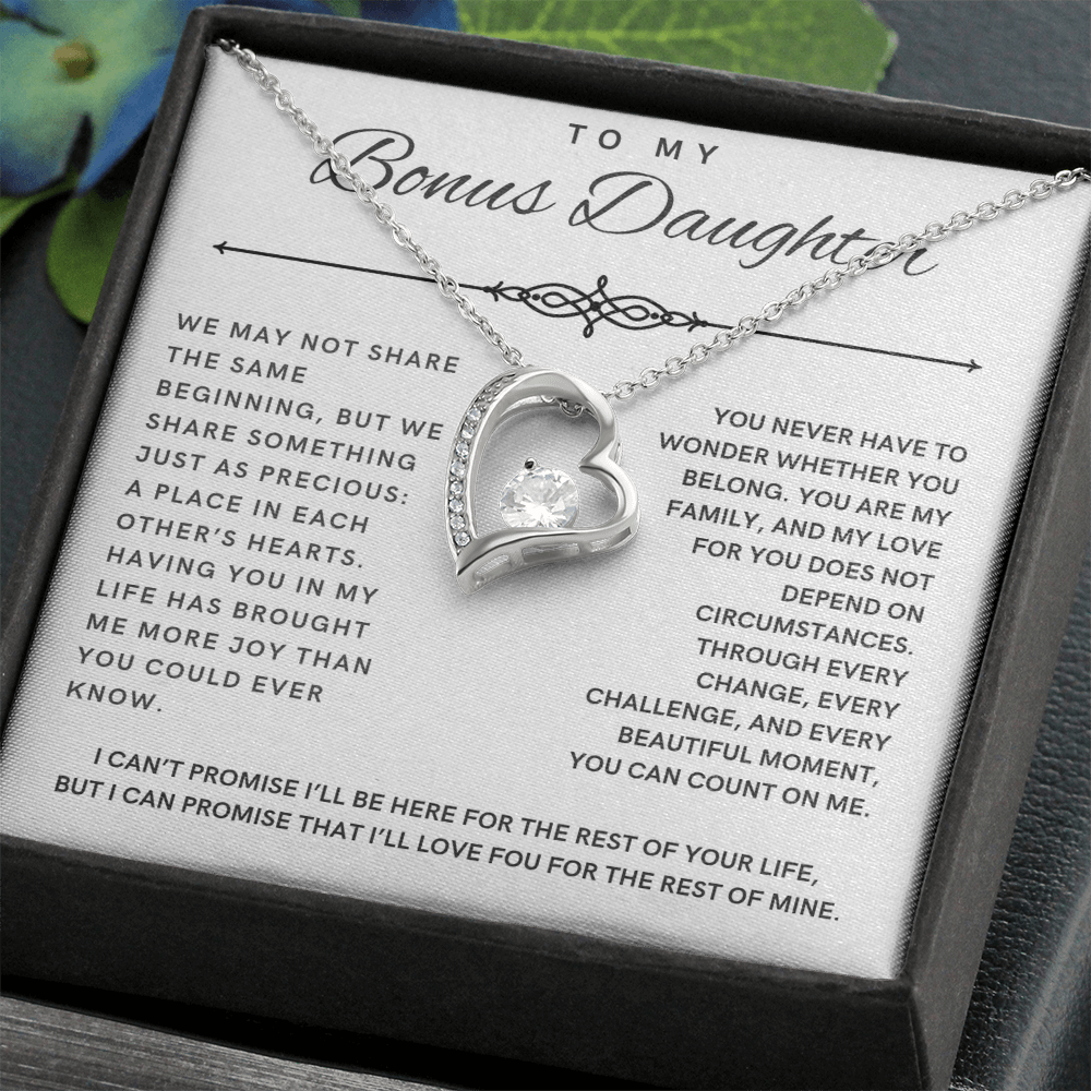 Forever Love Necklace for Bonus Daughter - White & Black Message Card