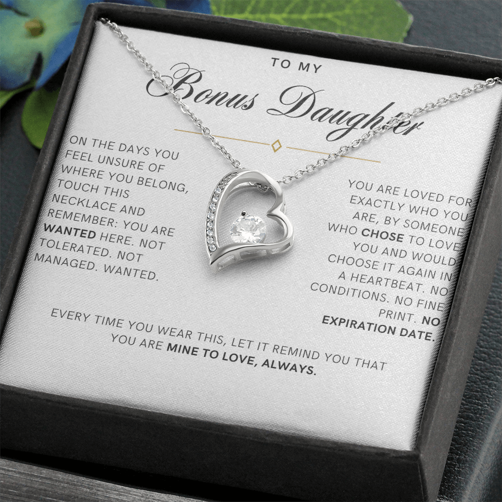 Bonus Daughter Forever Love Heart Necklace, Wanted Message Card