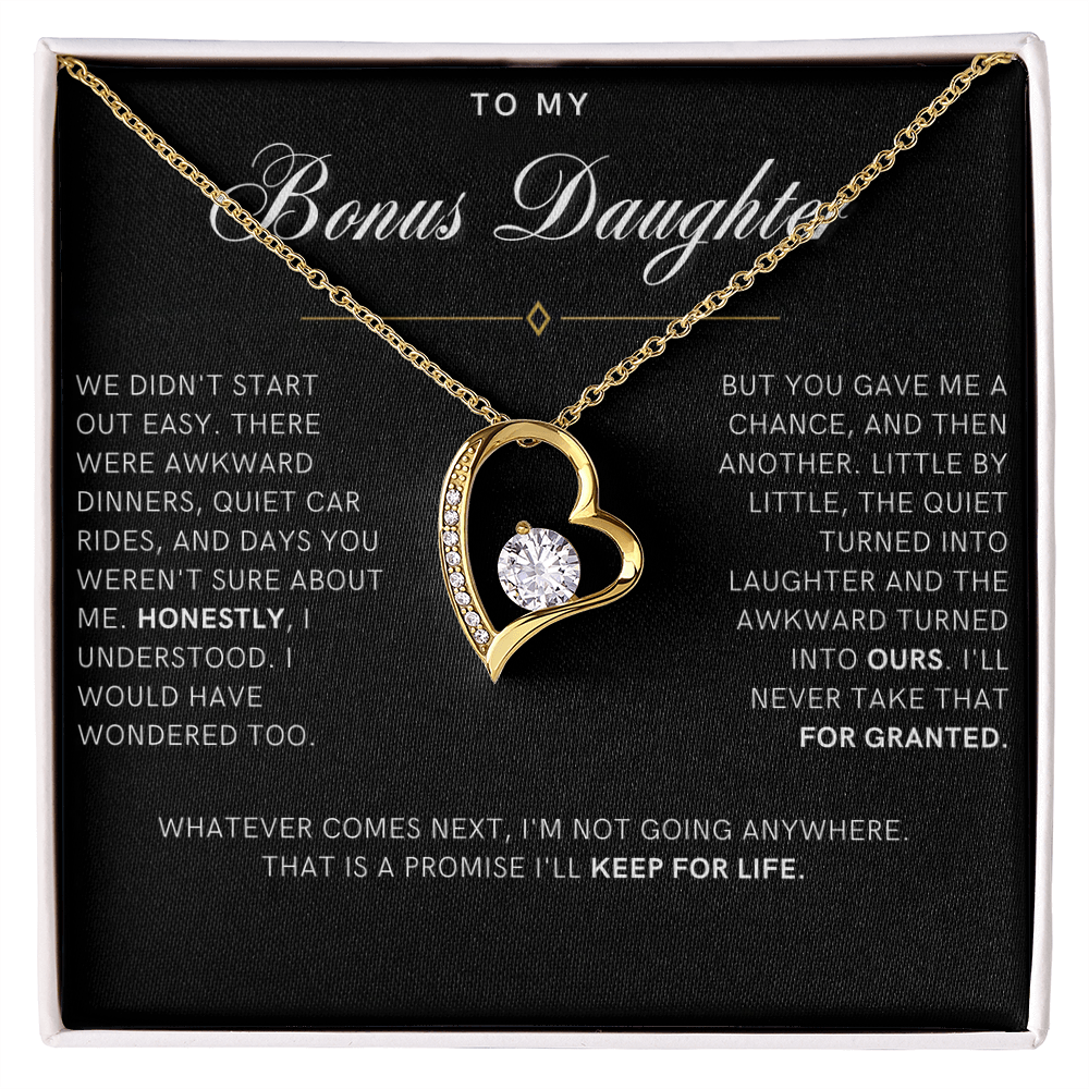 Bonus Daughter Forever Love Heart Necklace, Not Going Anywhere Message Card