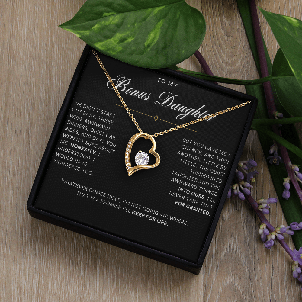 Bonus Daughter Forever Love Heart Necklace, Not Going Anywhere Message Card