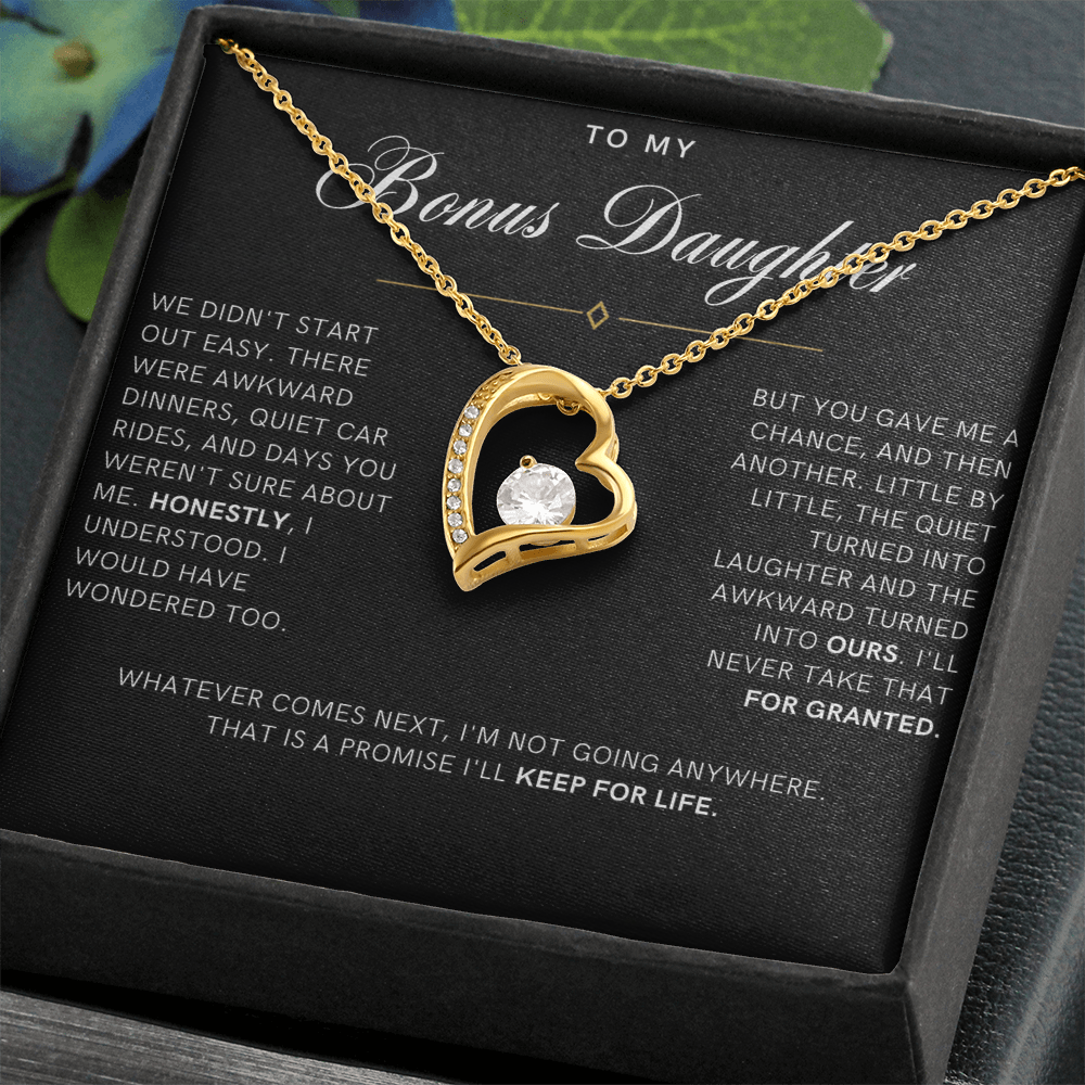 Bonus Daughter Forever Love Heart Necklace, Not Going Anywhere Message Card