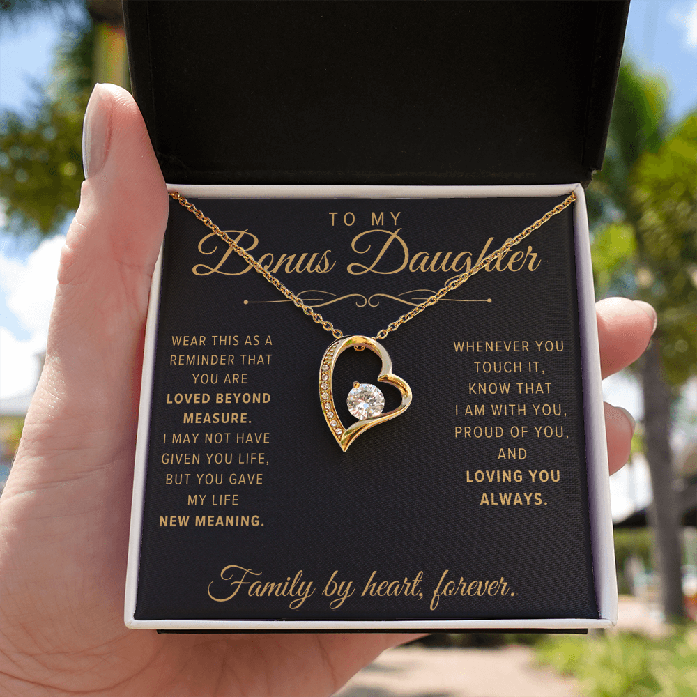 Forever Love Necklace for Bonus Daughter - Black & Champagne Keepsake Card